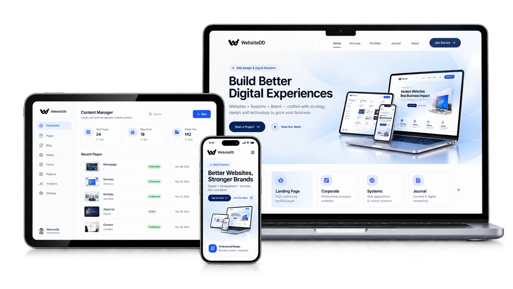 WebsiteDD responsive website, CMS and business system shown across laptop, tablet and mobile