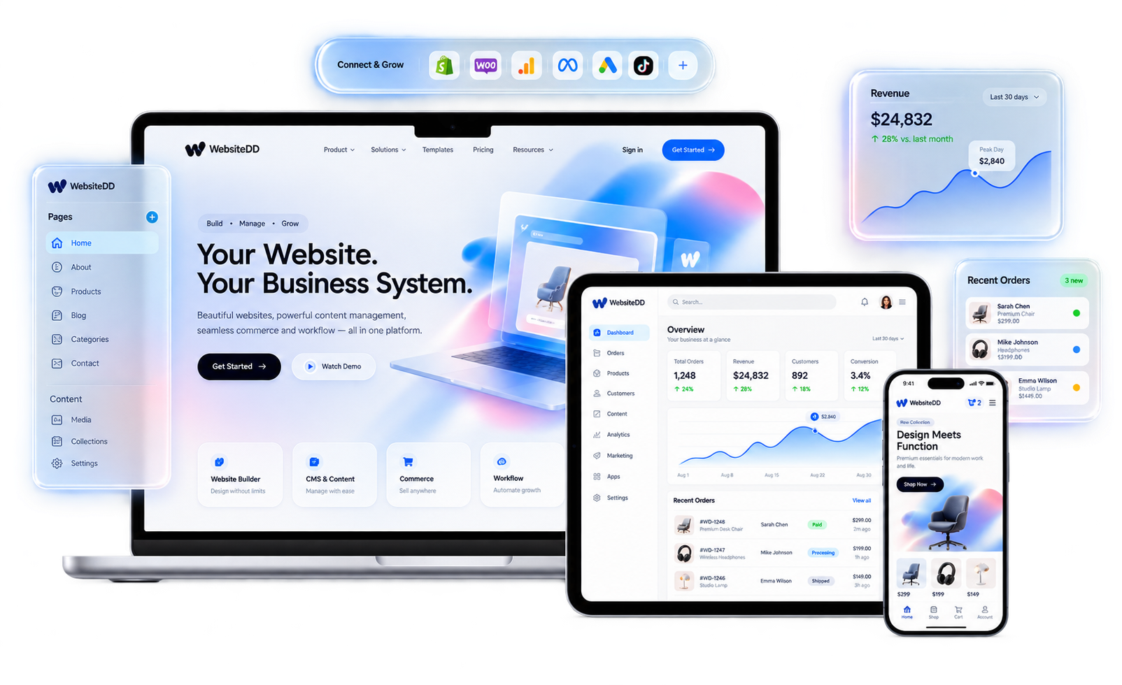 WebsiteDD hero visual showing website, CMS and workflow product ecosystem